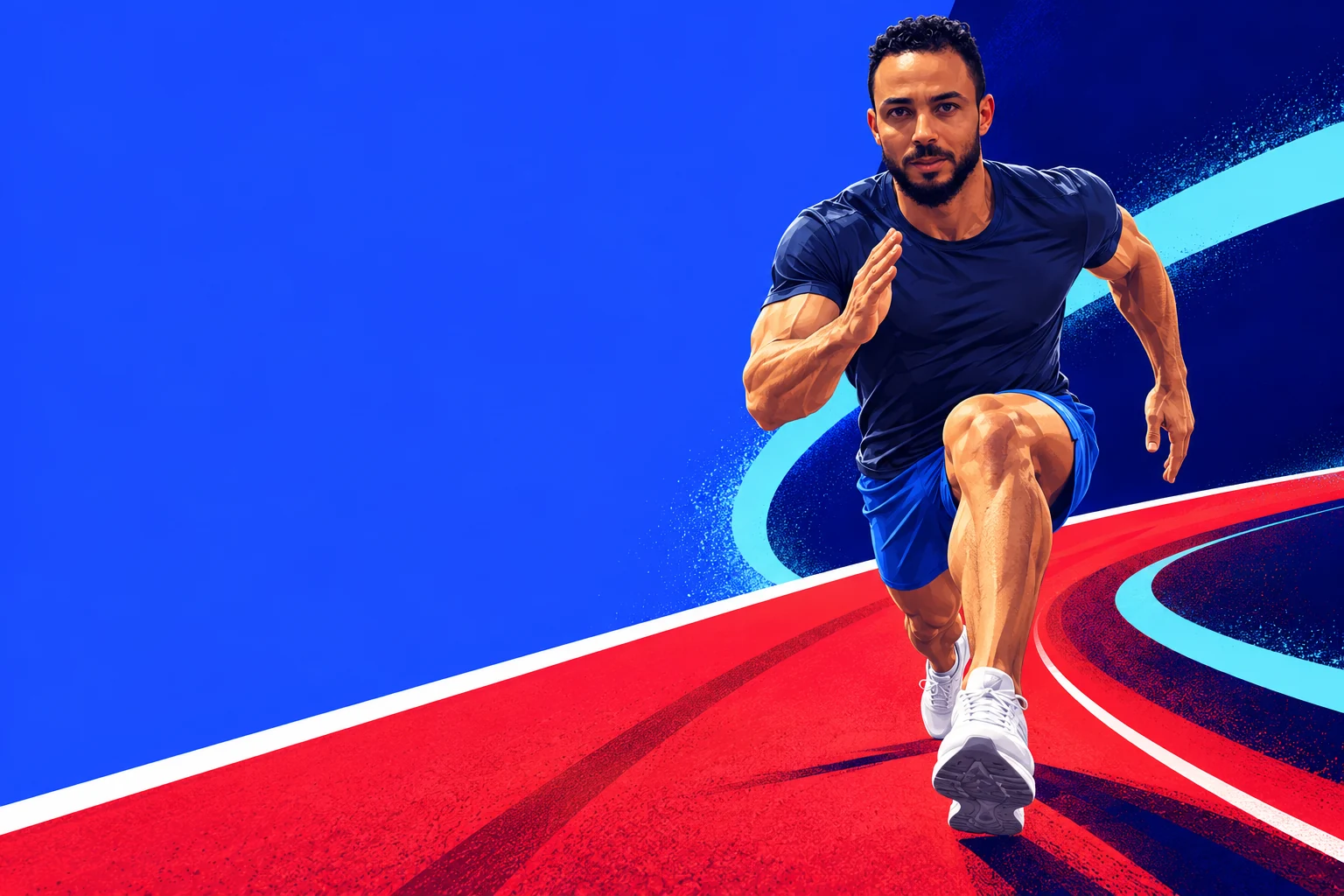 Original AI-created illustration of Mohamed in an athletic stride, in navy, cobalt, red and cyan