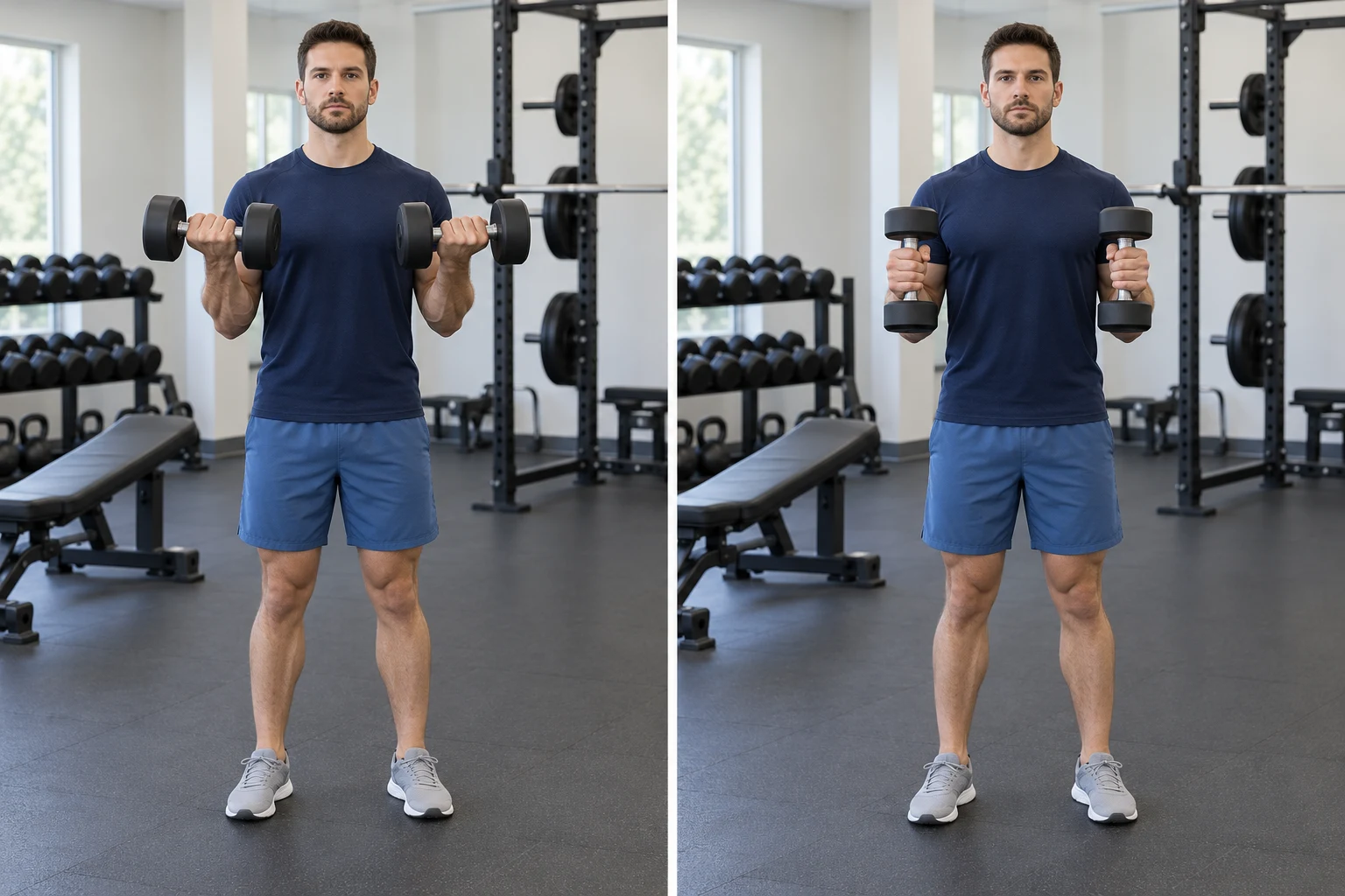 Illustrative gym positions: Biceps curl · left; Hammer curl · right