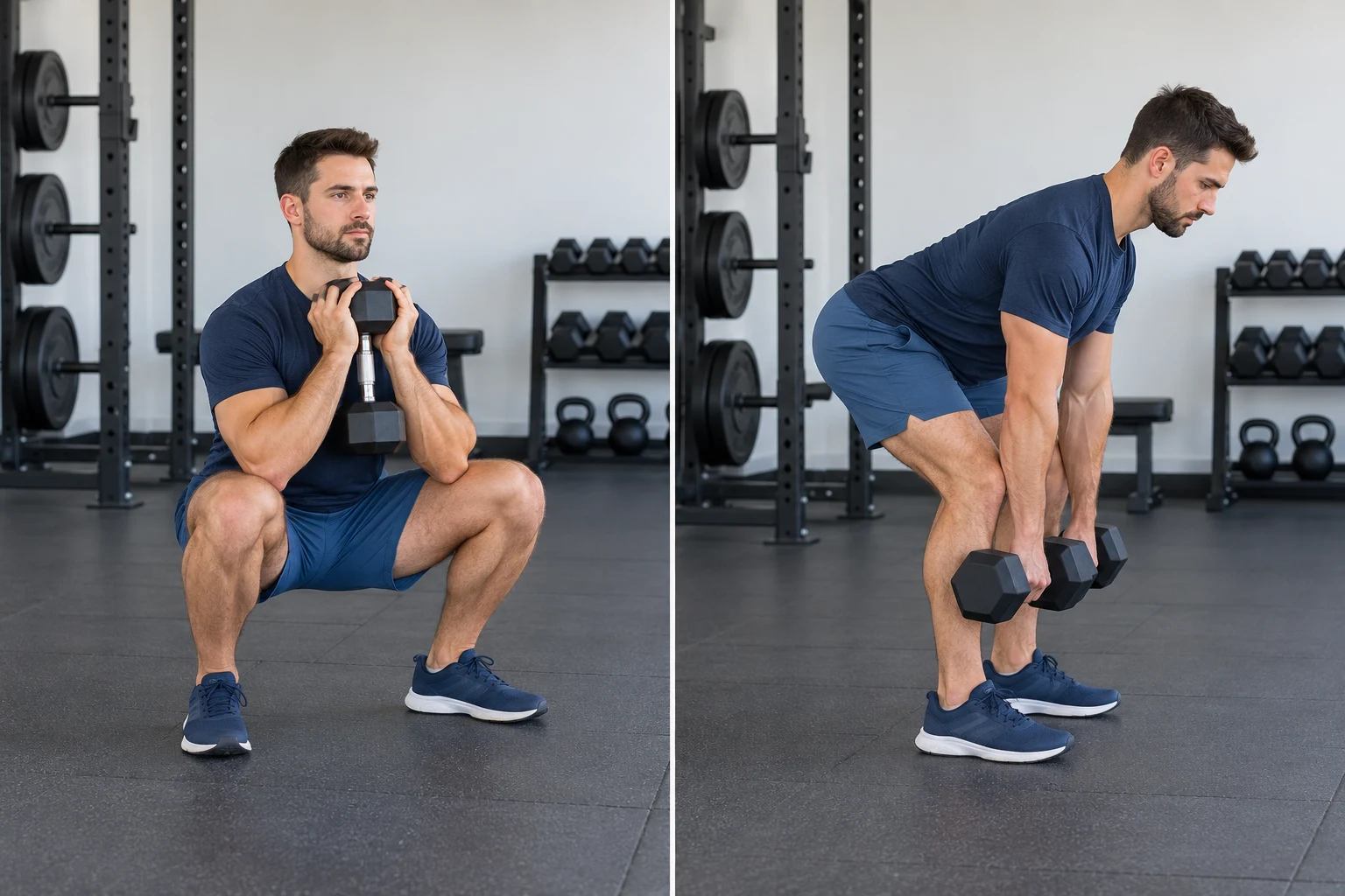 Illustrative gym positions: Squat · left; Romanian deadlift · right