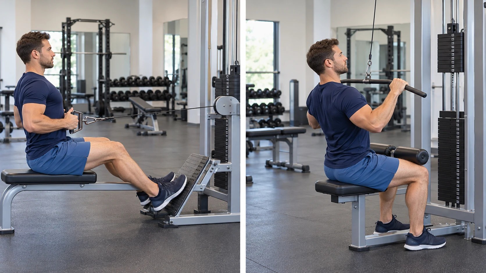 Illustrative gym positions: Cable row · left; Lat pulldown · right